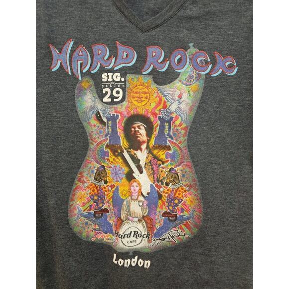 Hardrock Cafe London SzL. SIG29. Jimi Hendrix Rare T shirt. V neck. Gray. Guitar - Picture 7 of 8